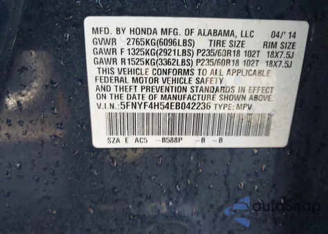 2014 Honda Pilot Ex-L z USA, uszkodzony, nr VIN 5FNYF4H54EB042236